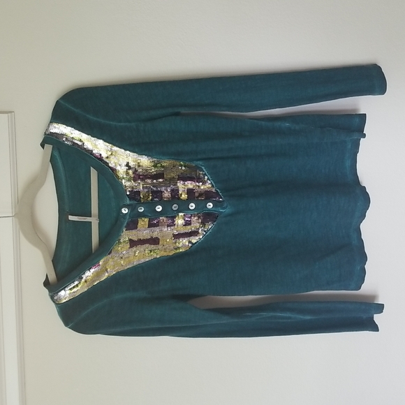 Free People Tops - Free People Emerald Green Sequined Henley Shirt Top Sz Small